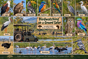 Southern Africa birdwatching collage featuring eagles, vultures, hornbills, kingfishers, bee-eaters, herons, egrets, storks, owls, rollers, ostriches, and waterbirds during a ground safari.