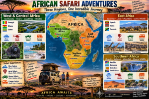 🚐 African Camper Safaris – Epic Road Trips, Wildlife & Camping Adventures 28 African Safari Adventures map highlighting East Africa, Southern Africa, and West & Central Africa with camper, river, aerial and ground safari experiences across Kenya, Tanzania, Uganda, South Africa, Botswana, Namibia, Zimbabwe, Ghana, Senegal and Gabon.