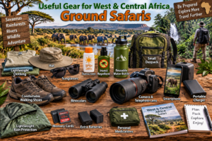 🚙 West & Central Africa Ground Safaris – 4×4 Adventures, Walking Safaris & Wildlife Exploration 16 Useful ground safari gear including walking shoes, binoculars, camera, daypack, water bottle and sun protection