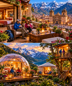Humantay Lake & Andes Mountain Adventure Guide 10 Humantay Lake and Cusco accommodations featuring a mountain-view hotel terrace, travelers relaxing by a fire, glamping dome, yurt, and treehouse retreat in the Andes.