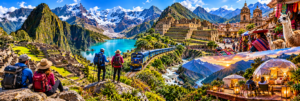 Humantay Lake & Andes Mountain Adventure Guide 12 Machu Picchu and Sacred Valley adventure panorama featuring Humantay Lake, hikers, snow-covered Andes, scenic train travel, Ollantaytambo, Andean markets, llamas, and mountain glamping.
