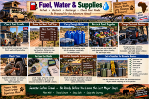 🚐 African Camper Safaris – Epic Road Trips, Wildlife & Camping Adventures 22 African camper safari fuel, water and supplies infographic featuring a rooftop-tent 4×4, fuel stops, drinking water, food storage, charging equipment, tire checks, route planning, campsite reservations and emergency supplies.
