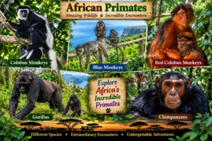 African primates collage featuring colobus monkeys, blue monkeys, red colobus monkeys, gorillas, and chimpanzees surrounded by lush natural habitats.