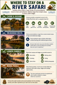 Southern Africa river safari accommodations in Chobe and Kasane, Okavango Delta, Lower Zambezi and Mana Pools, featuring riverside lodges and safari camps.