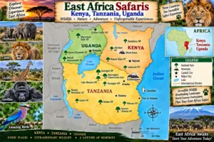 East Africa safari map highlighting Kenya, Tanzania, and Uganda with national parks, lakes, mountains, wildlife destinations, elephants, lions, giraffes, gorillas, and colorful African birds.