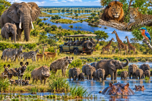 Botswana safari collage featuring elephants, lions, leopards, giraffes, zebras, wild dogs, buffalo, hippos, antelope, warthogs, and a 4×4 vehicle across the Okavango Delta and Chobe landscapes.