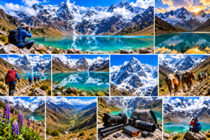 Humantay Lake & Andes Mountain Adventure Guide 5 Photography at Humantay Lake Peru collage featuring photographers, turquoise glacial water, snow-covered Andes, mountain reflections, hiking trails, horses, alpine flowers, and camera gear.