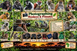 African primate photography collage featuring chimpanzees, gorillas, colobus monkeys, vervet monkeys, mandrills, and other monkeys alongside wildlife photography equipment and natural forest habitats.