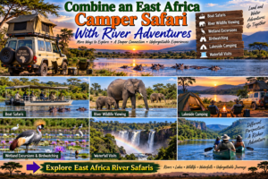🚐 African Camper Safaris – Epic Road Trips, Wildlife & Camping Adventures 6 East Africa camper and river safari collage featuring a rooftop-tent 4×4, boat safari, hippos, elephants, wetland birds, lakeside camping, waterfalls and canoe adventures.