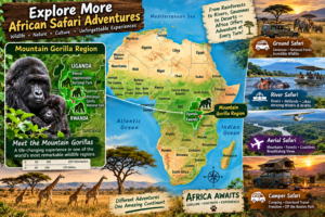 🦍 African Gorilla Trekking & Wildlife Adventures 16 African safari map highlighting the mountain gorilla habitat area across Uganda, Rwanda, and the Democratic Republic of the Congo, with gorillas, national parks, and ground, river, aerial, and camper safari adventures.