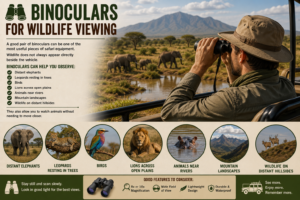 Safari traveler using binoculars from a 4×4 vehicle to observe elephants and distant wildlife across the East African savanna.