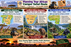 🚐 African Camper Safaris – Epic Road Trips, Wildlife & Camping Adventures 23 African camper safari route planning infographic showing separate adventures through East Africa, Southern Africa, and West and Central Africa with 4×4 campers, wildlife, mountains, waterfalls, rivers and rainforests.