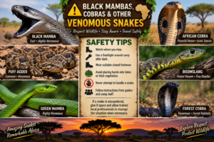 African venomous snakes collage featuring a black mamba, African cobra, puff adder, boomslang, green mamba, and forest cobra with safari snake safety tips.