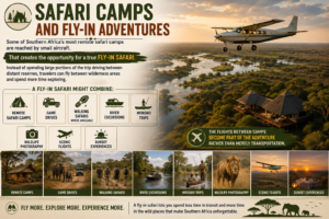Safari camps and fly-in adventures in Southern Africa featuring a small aircraft, remote safari lodge, waterways, game drives, wildlife and wilderness activities.