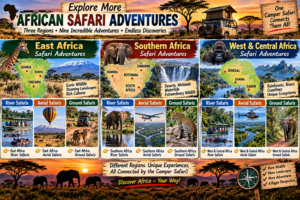 🚐 African Camper Safaris – Epic Road Trips, Wildlife & Camping Adventures 26 Explore More African Safari Adventures infographic featuring East Africa, Southern Africa, and West & Central Africa with river, aerial and ground safaris, wildlife, landscapes and a 4×4 camper.