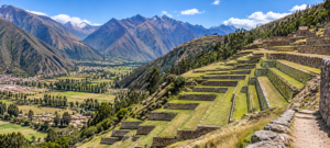 ⛰️ Pisac Ruins, Market & Sacred Valley Adventure 1 Wide panoramic view of Pisac’s ancient agricultural terraces overlooking the Sacred Valley and dramatic Andean mountains in Peru.