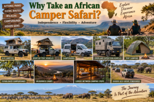 🚐 African Camper Safaris – Epic Road Trips, Wildlife & Camping Adventures 2 African camper safari collage featuring 4×4 campers, rooftop tents, campervans, overland vehicles, tent camping, wilderness camps, safari lodges, elephants, zebras and scenic African landscapes.