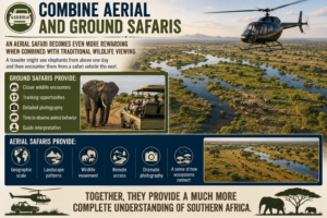 Aerial and ground safari experiences in Southern Africa featuring a helicopter, elephants, winding waterways and a safari vehicle viewing wildlife.