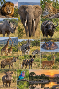 Wildlife collage featuring an elephant, lion, leopard, rhino, African buffalo, giraffes, zebras, hippo, hyena, wild dog, impala, warthog, and colorful bird in Southern Africa.