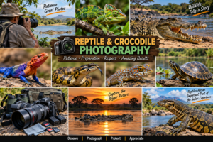 Reptile and crocodile photography collage featuring crocodiles, snakes, lizards, a turtle, safari photography equipment, and a photographer using a zoom lens.