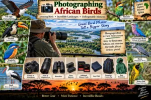 African bird photography collage featuring fish eagles, hornbills, kingfishers, bee-eaters, herons, storks, and other colorful birds alongside a wildlife photographer and camera equipment.