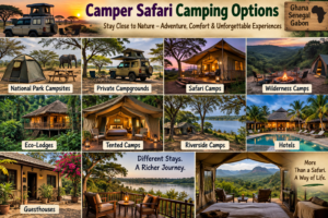 🚐 African Camper Safaris – Epic Road Trips, Wildlife & Camping Adventures 14 African camper safari accommodation collage featuring national park campsites, private campgrounds, safari camps, wilderness camps, eco-lodges, tented camps, riverside camps, hotels and guesthouses.