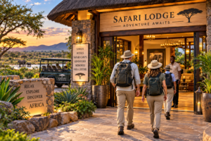 Travelers walking toward the entrance of an African safari lodge with a safari vehicle, elephants, and savanna scenery in the background.