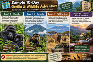🦍 African Gorilla Trekking & Wildlife Adventures 13 Sample 10-day gorilla and wildlife adventure itinerary featuring gorilla trekking in Uganda, primate experiences in Rwanda, an African wildlife safari, hiking, birdwatching, cultural exploration, and relaxation.