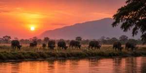 Southern Africa River Safaris at sunset with Cape buffalo beside a scenic waterway, highlighting Chobe River, Okavango Delta, Zambezi River and Mana Pools.