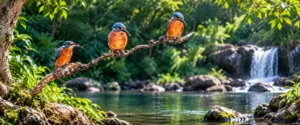 Three colorful kingfishers perched along a tree branch against a dark green forest background.