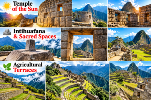 ๐๏ธ Machu Picchu Citadel: Complete Adventure & Visitor Guide 4 Machu Picchu collage featuring the Temple of the Sun, Intihuatana sacred stone, ancient Inca ceremonial spaces, agricultural terraces, stone architecture, and dramatic Andean mountain scenery.