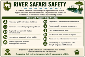 Southern Africa river safari safety guide with precautions for wildlife encounters, boat travel, sun protection, life jackets and guided canoe safaris.