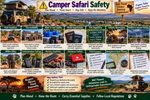 🚐 African Camper Safaris – Epic Road Trips, Wildlife & Camping Adventures 20 African camper safari safety infographic featuring a rooftop-tent 4×4, road conditions, fuel, water and food supplies, border documents, park rules, weather, wildlife safety, communications and recovery equipment.