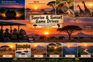 Southern Africa sunrise and sunset game drive collage featuring safari vehicles, lions, giraffes, elephants, acacia trees, wetlands, deserts, mountains, and river valleys.