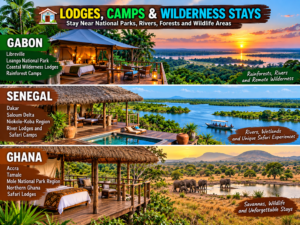 Three-image collage of lodges, safari camps and wilderness stays in Gabon, Senegal and Ghana