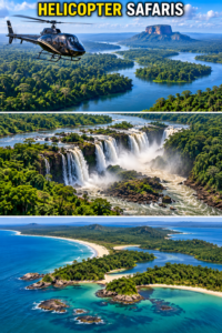 Three-image helicopter safari collage featuring rainforest rivers, waterfalls and tropical coastline in West and Central Africa