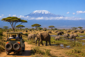 Amboseli National Park safari in Kenya with African elephants, zebras, wetlands, a 4×4 safari vehicle, and Mount Kilimanjaro in the background.