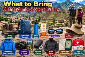 🏔️ Ollantaytambo Ruins & Sacred Valley Adventure Guide 7 Ollantaytambo Sacred Valley packing essentials including hiking boots, daypack, water bottle, sunscreen, camera, rain jacket, warm layer, map, and first-aid kit