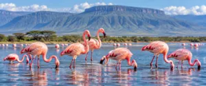 Pink flamingos feeding and wading together in the shallow waters of a Rift Valley lake in Africa.