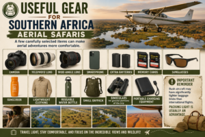 Useful gear for Southern Africa aerial safaris including a camera, telephoto and wide-angle lenses, smartphone, batteries, memory cards, sunglasses, sunscreen, lightweight clothing, water bottle, daypack, binoculars and portable charger.