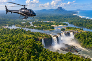 Helicopter flying above tropical rainforest, waterfalls, rivers and coastal wilderness during an aerial safari