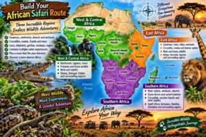 Colorful African safari route map highlighting East Africa, Southern Africa, and West and Central Africa with reptiles and iconic safari wildlife.