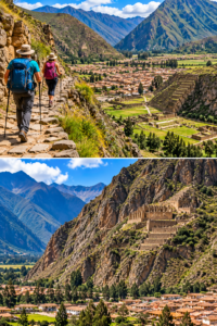 🏔️ Ollantaytambo Ruins & Sacred Valley Adventure Guide 4 Two-image collage showing hikers exploring mountain trails above Ollantaytambo and Pinkuylluna ruins overlooking Peru’s Sacred Valley
