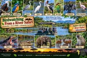 African river safari collage featuring fish eagles, kingfishers, herons, egrets, storks, bee-eaters, cormorants, hippos, crocodiles, elephants, antelope, and monkeys.
