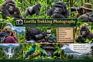 🦍 African Gorilla Trekking & Wildlife Adventures 9 Gorilla trekking photography collage featuring mountain gorillas, wildlife photographers, camera equipment, rainforest scenery, and tropical wildlife.