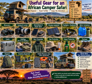 🚐 African Camper Safaris – Epic Road Trips, Wildlife & Camping Adventures 17 African camper safari gear collage featuring a rooftop-tent 4×4, binoculars, camera equipment, power banks, portable charging gear, headlamps, water containers, cooler, clothing, hiking boots, daypack and camping equipment.