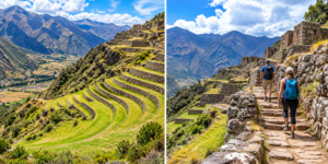 ⛰️ Pisac Ruins, Market & Sacred Valley Adventure 3 Two-image collage showing sweeping Pisac agricultural terraces and hikers exploring ancient stone trails and ruins surrounded by the Andes in Peru’s Sacred Valley.