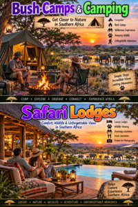 Southern Africa bush camping and safari lodge scenes with travelers relaxing near a campfire and pool while elephants gather beside the water at sunset.