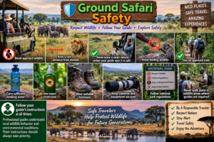 🚙 West & Central Africa Ground Safaris – 4×4 Adventures, Walking Safaris & Wildlife Exploration 17 Ground safari safety collage showing wildlife distance, guides, approved trails, water, insect protection and proper footwear