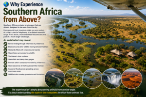Aerial view of Southern Africa showing winding rivers, wetlands, elephants, wildlife, safari camps, waterfalls and desert landscapes from above.